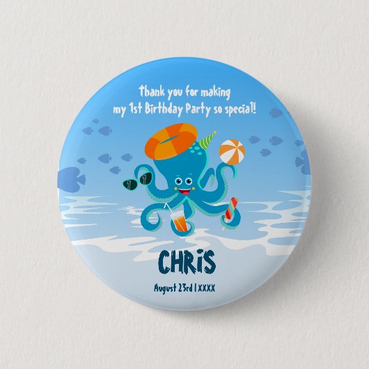 Blue Octopus Onder het Zee Boy Verjaardagsfeest Ronde Button 5,7 Cm (Voorkant)
