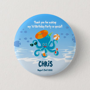 Blue Octopus Onder het Zee Boy Verjaardagsfeest Ronde Button 5,7 Cm