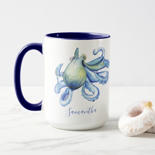 Blue Octopus Personalized Beach Theme Coffee Mok (Met donut)