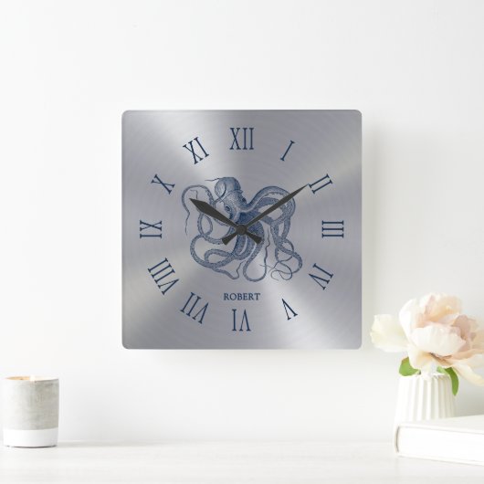 Blue Octopus Roman Numerals On Dark Silver Vierkante Klok (Huis)