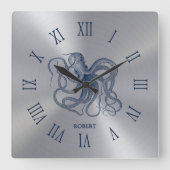 Blue Octopus Roman Numerals On Dark Silver Vierkante Klok (Voorkant)