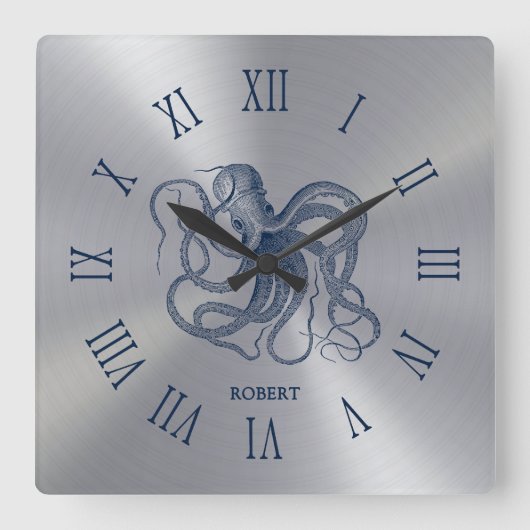 Blue Octopus Roman Numerals On Dark Silver Vierkante Klok (Voorkant)