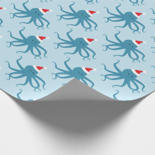 Blue Octopus Santa Hat Kerstfeestdag  Cadeaupapier