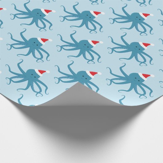 Blue Octopus Santa Hat Kerstfeestdag Cadeaupapier (Hoek)
