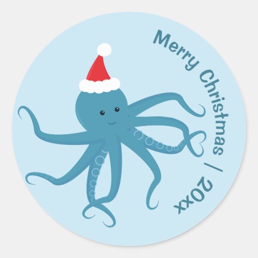 Blue Octopus Santa Merry Kerstmis Ronde Sticker (Voorkant)