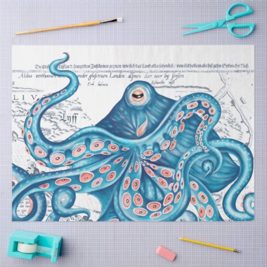 Blue Octopus Tentacle  Map White Art Tissuepapier (Craft)