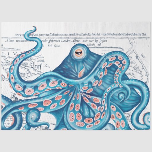 Blue Octopus Tentacle  Map White Art Tissuepapier (Voorkant)