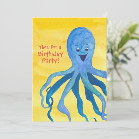 Blue Octopus verjaardagsfeest uitnodiging (Staand voorkant)