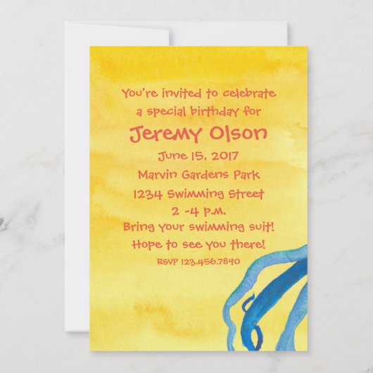 Blue Octopus verjaardagsfeest uitnodiging (Achterkant)