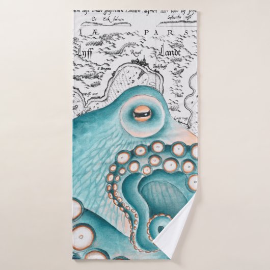 Blue Octopus Vintage Map Nautical Art Bad Handdoek (Badhanddoek)