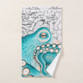 Blue Octopus Vintage Map Nautical Art Bad Handdoek (Handdoek)