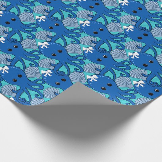Blue Octopus with Bow Wrapping Paper Cadeaupapier (Hoek)