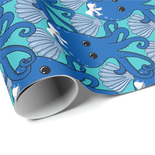 Blue Octopus with Bow Wrapping Paper Cadeaupapier (Rol Hoek)