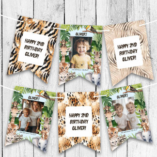 Blue Oerwoud Safari Animals Pattern Birthday Foto Vlaggetjes