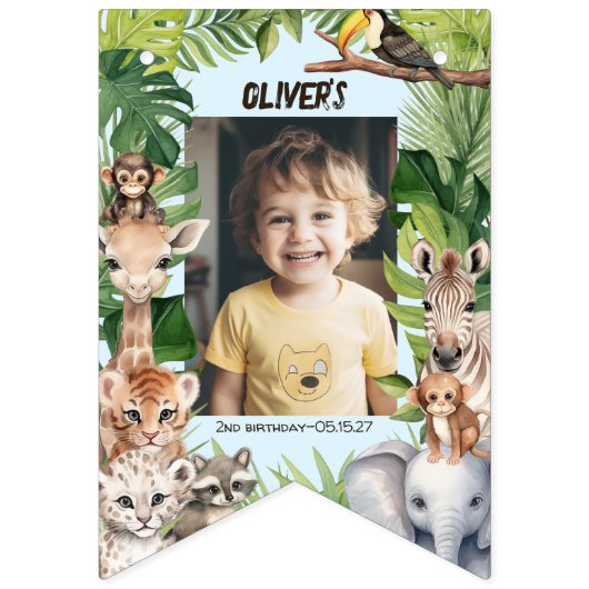 Blue Oerwoud Safari Animals Pattern Birthday Foto Vlaggetjes (Tweede vlag)