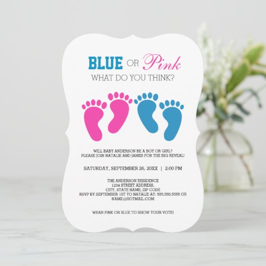 Blue of Pink Foot Prints Gender Reveal Party Kaart (Staand voorkant)