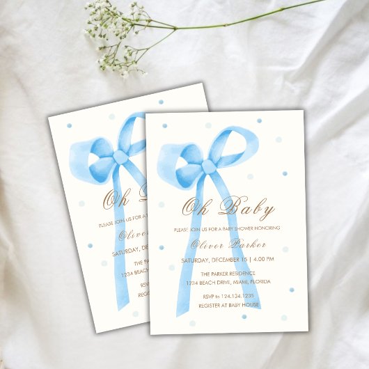 Blue Oh Baby Minimalist Polka Dot Bow Baby shower Kaart