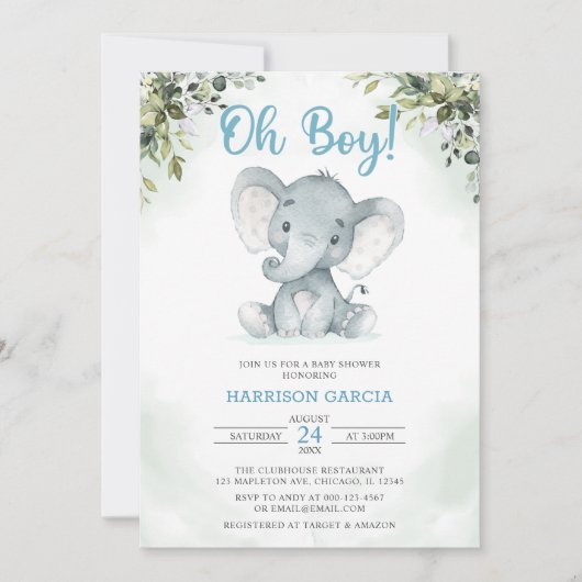 Blue Oh Boy Cute Elephant Baby shower Invitation Kaart (Voorkant)
