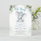 Blue Oh Boy Cute Elephant Baby shower Invitation Kaart (Staand voorkant)
