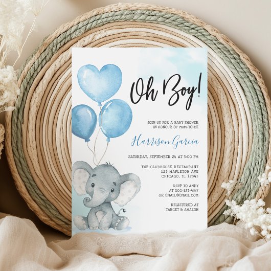 Blue Oh Boy Elephant Waterverf Baby shower Kaart