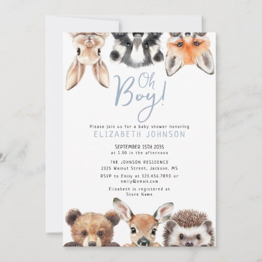 Blue Oh Boy Forest Woodland Animals Baby shower Kaart (Voorkant)