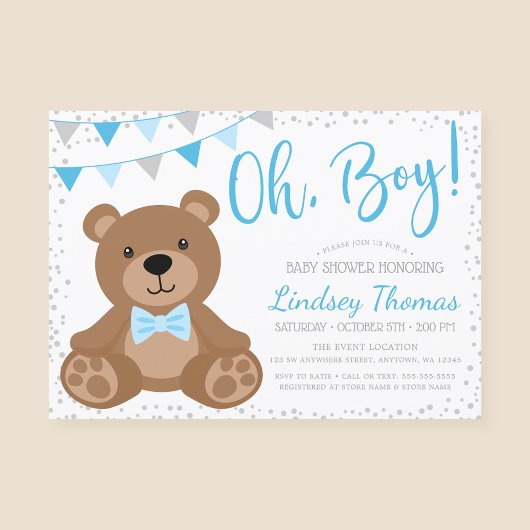 Blue Oh Boy Teddy Bear Baby shower Kaart