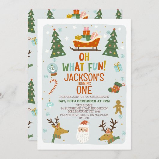 Blue Oh Wat een leuke kerst 1e verjaardag uitnodig Kaart (Voorkant / Achterkant)