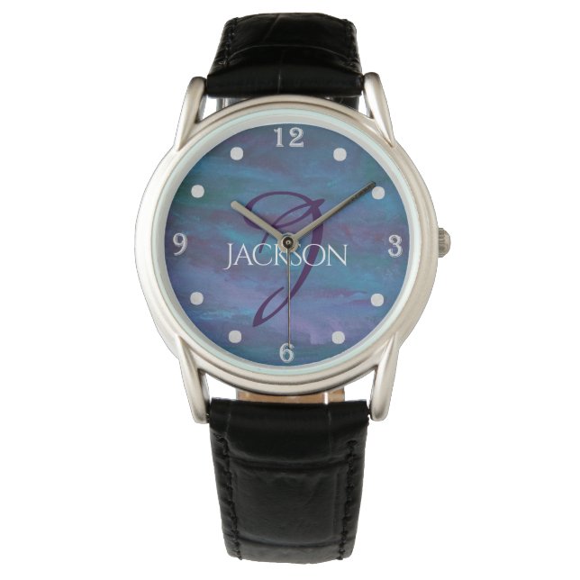 Blue Ombre Abstract | Blauwgroen Paars monogram Vi Horloge (Voorkant)