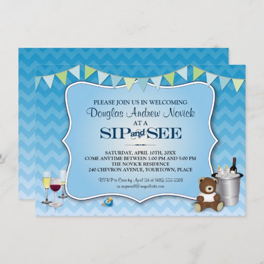 Blue Ombre Chevron Baby Sip en See Kaart (Voorkant / Achterkant)