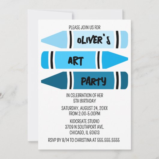 Blue Ombre Crayons Art verjaardagsfeestje uitnodig Kaart (Voorkant)