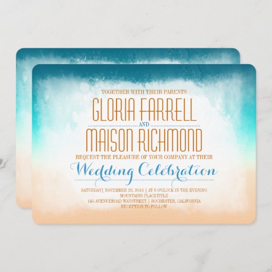 Blue ombre strand bruiloft uitnodiging (Voorkant / Achterkant)