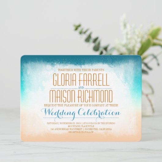 Blue ombre strand bruiloft uitnodiging (Staand voorkant)