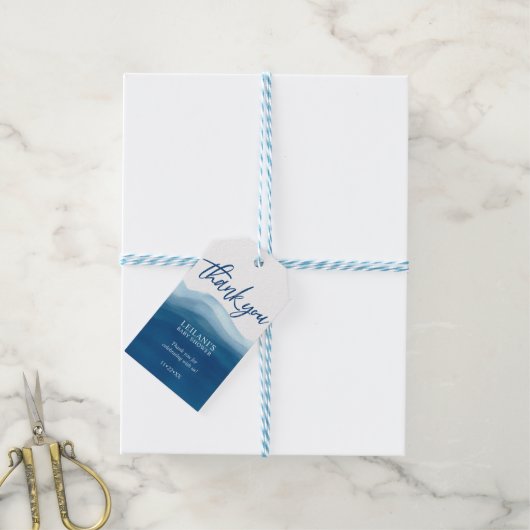 Blue Ombre Waterverf Baby shower Cadeaulabel (Met Touw)