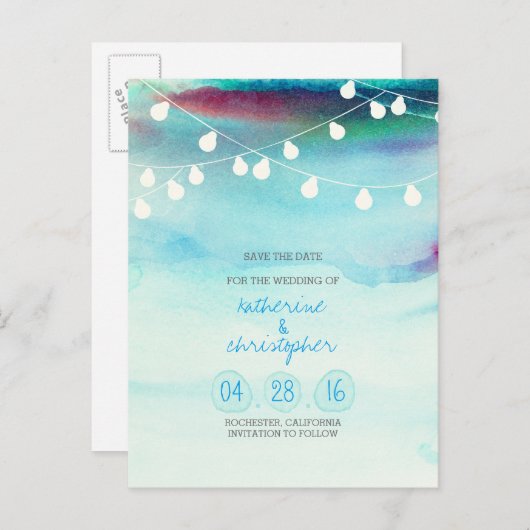 Blue Ombre waterverf Beach Bewaar de datum Aankondigingskaart (Voorkant / Achterkant)