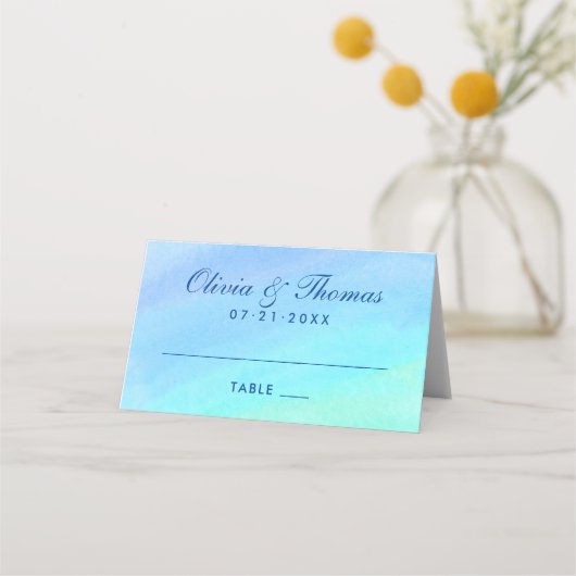 Blue Ombre Waterverf Custom Wedding Monogram Plaatskaartje (Voorkant)