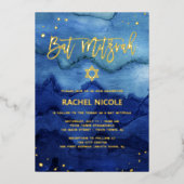 Blue Ombre Waterverf en Gold Bat Mitzvah Folie Uitnodiging (Voorkant)