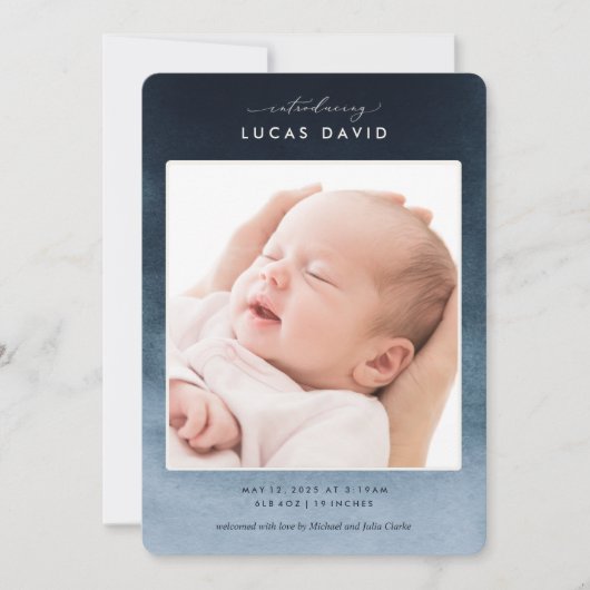 Blue Ombre Waterverf Foto geboorteaankondiging Kaart (Voorkant)