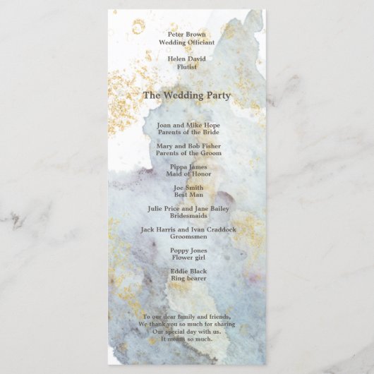 Blue Ombre Waterverf Goud Bruin Script Bruiloft Programmakaart (Achterkant)