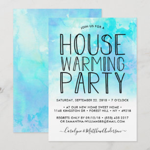Blue Ombre Waterverf Housewarming Party Kaart
