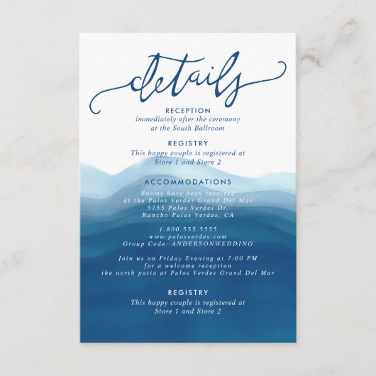 Blue Ombre Waterverf Wave Hand-belettering Details Informatiekaartje (Voorkant)