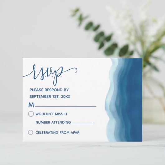 Blue Ombre Waterverf Wave Hand-belettering RSVP Kaartje (Staand voorkant)