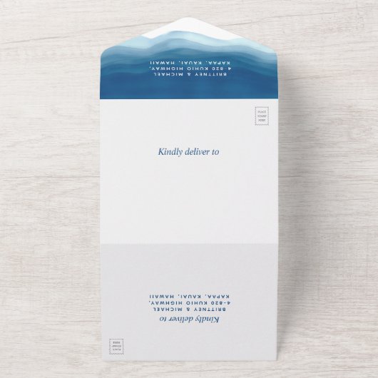 Blue Ombre Waterverf Wave We Doen Bruiloft All In One Uitnodiging (Buitenkant)