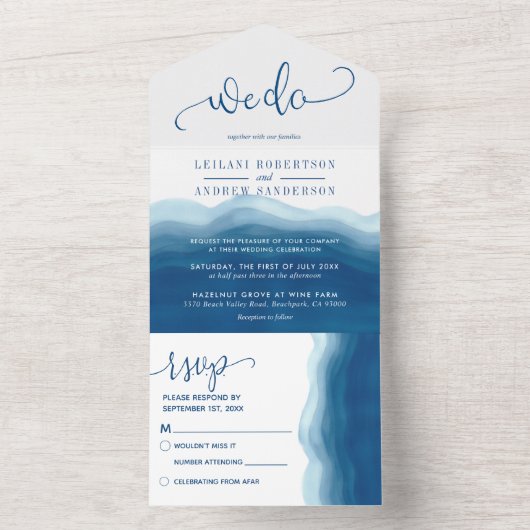 Blue Ombre Waterverf Wave We Doen Bruiloft All In One Uitnodiging (Binnen)