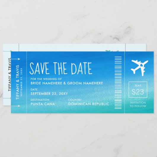 Blue Ombre Wedding Boarding Pass Save the Date Aankondiging (Voorkant / Achterkant)