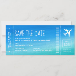Blue Ombre Wedding Boarding Pass Save the Date Aankondiging