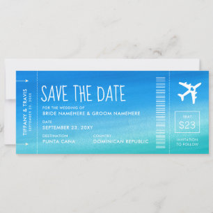 Blue Ombre Wedding Boarding Pass Save the Date Aankondiging