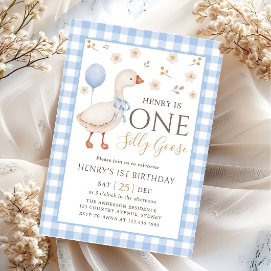 Blue One Gekke Goose 1st Birthday Invitation Kaart