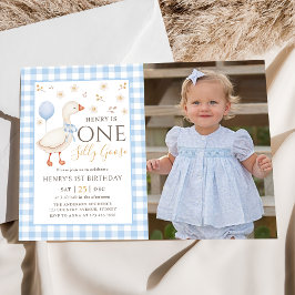 Blue One Gekke Goose 1st Birthday Photo Invitation Kaart