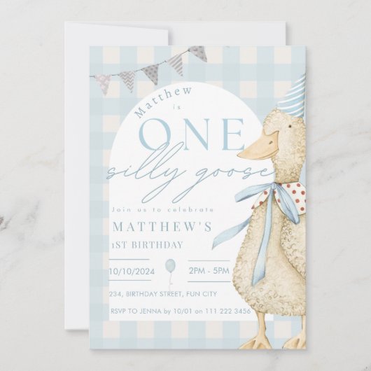 Blue One Gekke Goose Gingham 1st Birthday Kaart (Voorkant)