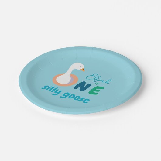 Blue One Gekke Goose Schattige Boy Eerste Verjaard Papieren Bordje (Gekanteld)